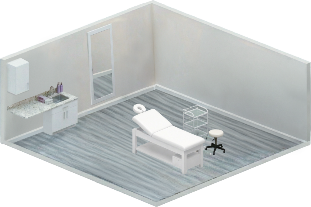 Interior of a furnished SalonPLEX salon suite available to lease